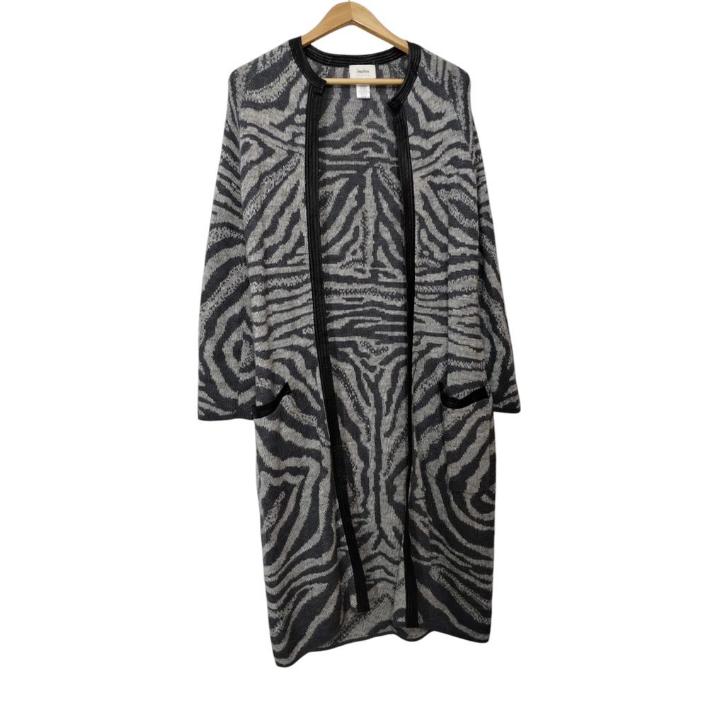 Neiman Marcus Women's Zebra Print Longline Open-Front Cardigan Size M Gray 40"